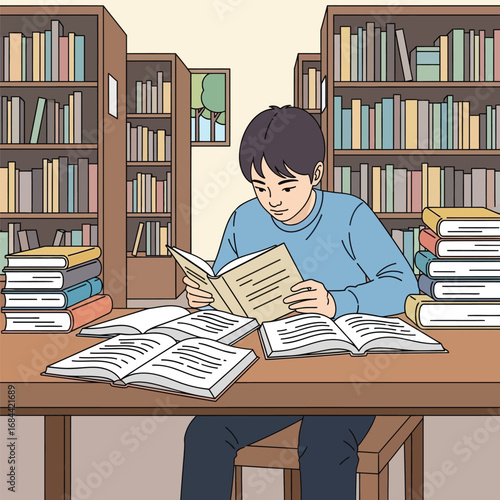 A student is studying at the library with books on the table and shelves