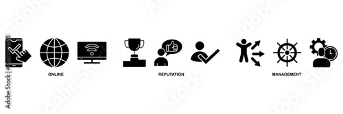 ORM banner web icon vector illustration concept for online reputation management with icon of internet, browser, winner, trust, favorite, and business