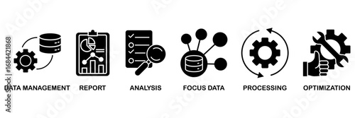 Data analysis banner web icon vector illustration concept for� data management, report, analysis, focus data, processing, optimization