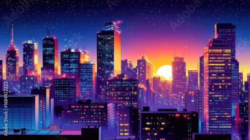Dynamic Comic Book Style of a Vibrant City Skyline at digital illustration night