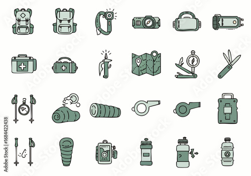 A comprehensive collection of modern flat line icons depicting essential travel, camping, and outdoor adventure gear, ideal for digital UI/UX design.