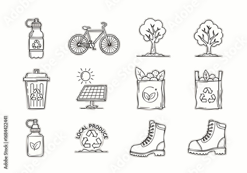 A versatile collection of minimalist line art vector icons, perfect for UI/UX, illustrating eco-friendly living, sustainable travel, and essential outdoor adventure.