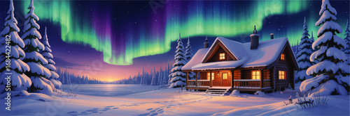 Cozy Snowy Cabin with Glowing Windows Under Vibrant Northern Lights in Winter Forest at Sunset, Digital Art Illustration