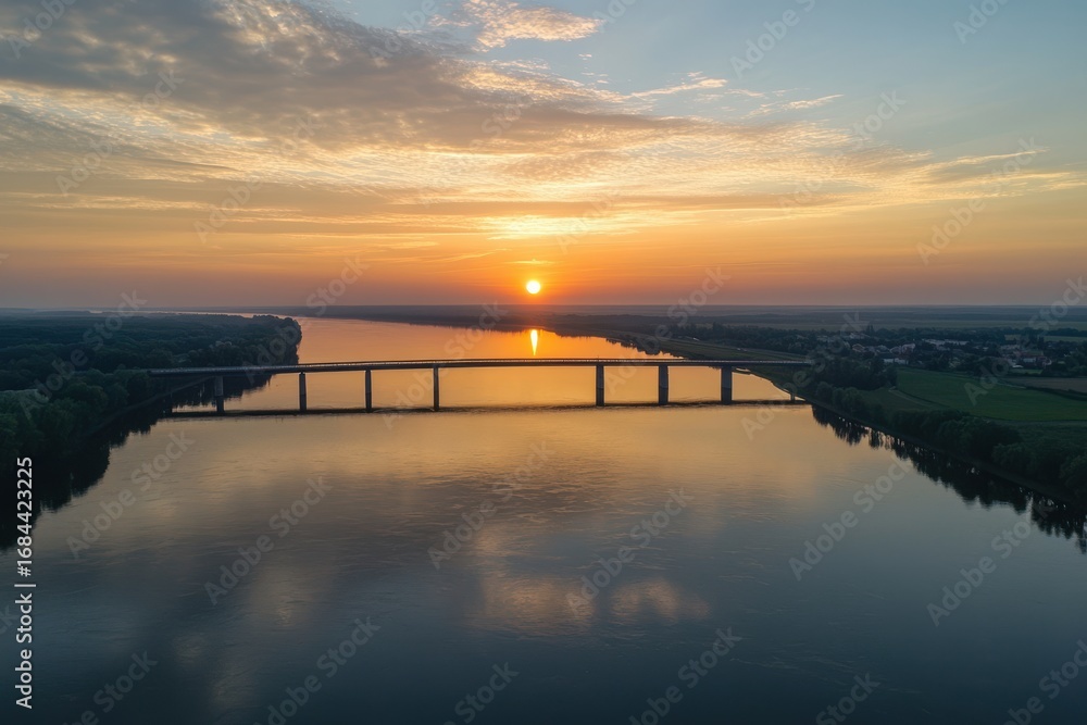 Fototapeta premium Serene Sunset Over Tranquil River Reflecting Golden Light with a Distant Bridge Silhouette.