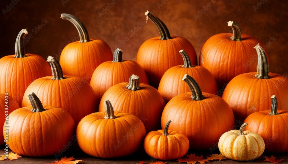 Obraz premium Pumpkins of different sizes grouped together, scattered autumn leaves enhancing warm seasonal display capturing harvest ambiance and rustic charm of fall