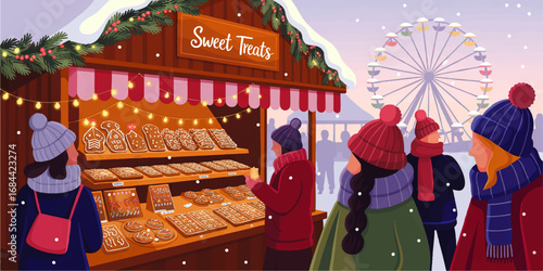 Festive Winter Market Scene with People Buying Christmas Cookies at Sweet Treats Stall, Ferris Wheel Background, Holiday Lights