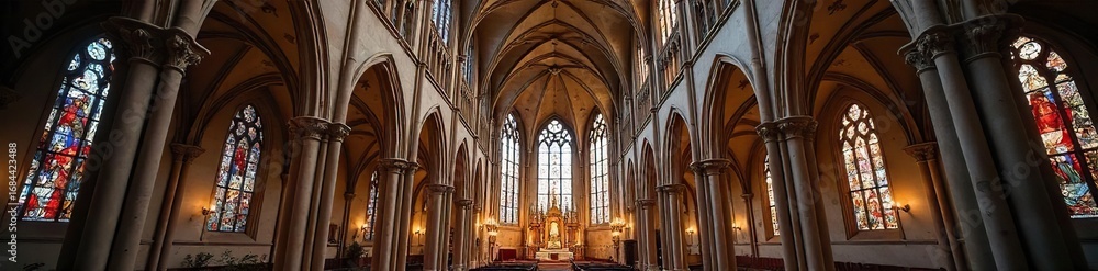 Fototapeta premium Majestic church building with intricate architectural details, stained glass windows, and towering spires Perfect for religious, historical, and architectural themes , aesthetic, shadow, holy