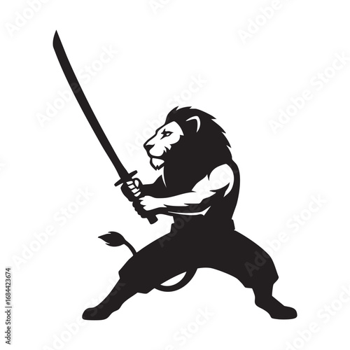 Vector art of a powerful lion warrior stands ready for battle, wielding a katana with skill and determination