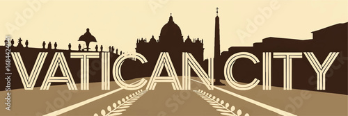 Vatican City Silhouette Vector Illustration with St. Peter's Basilica, Obelisk, and Bold Typography in Retro Sepia Tone