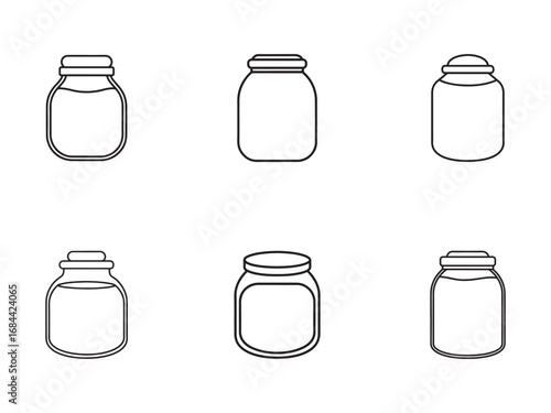 Outline drawing of six glass jars perfect for canning or preserving food with minimal lines in a simple style