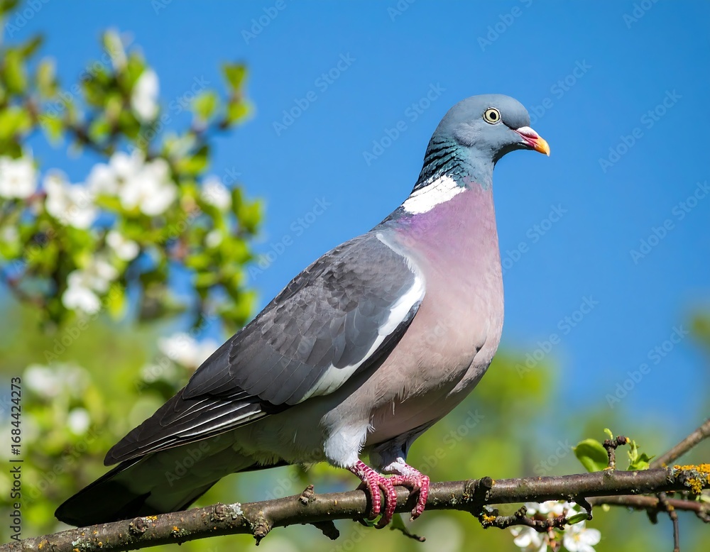 Fototapeta premium Pigeon perched on branch with blossoms