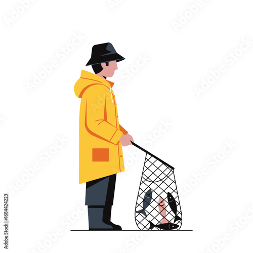 Seafarer in vibrant raincoat exhibiting fishing skill with abundance catch of aquatic wildlife
