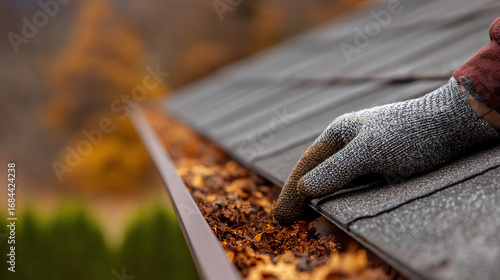 A gloved hand is clearing dry leaves and debris from a clogged roof gutter, preventing water damage and ensuring proper drainage during the autumn season