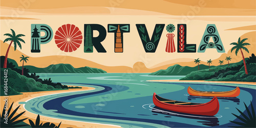 Port Vila Vanuatu Tropical Beach Landscape Illustration with Canoes, Palms, Colorful Island Nature, and Decorative Letter Art