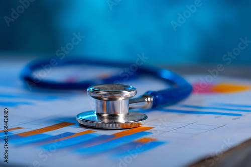 A blue stethoscope rests on a colorful medical chart with graphs, symbolizing healthcare analysis and diagnostics in a clinical or medical research environment