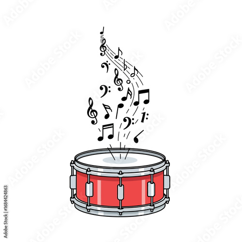 Vibrant drum illustration showcasing musical notes radiating, expressing artistic harmony and rhythm