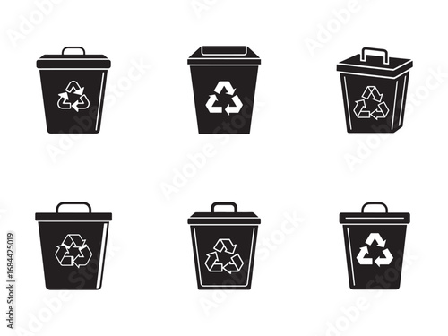 Recycle Bins Icons Set Black and White Illustration of Different Types for Waste Segregation and Sustainable Living Initiatives