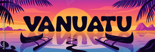 Vanuatu Tropical Sunset Illustration with Vibrant Colors, Canoes, Palm Trees, Mountains, and Reflections for Travel Design