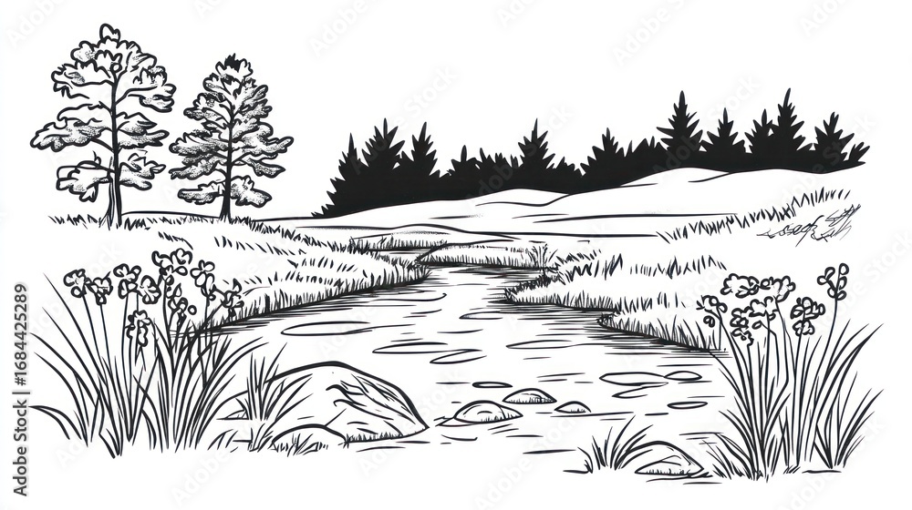 Fototapeta premium Black and white sketch of a tranquil river flowing through a forest. Possible use for educational materials or artistic projects.