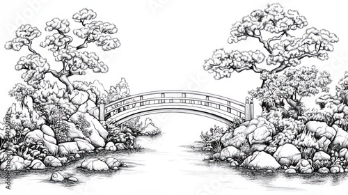 Wallpaper Mural Ink sketch Japanese garden bridge Torontodigital.ca