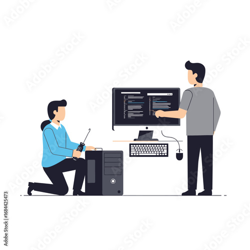 Technical support team resolving a software issue with remote assistance and on site hardware