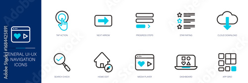 General UI-UX and IAgation Blue Colored Outline Icon Set