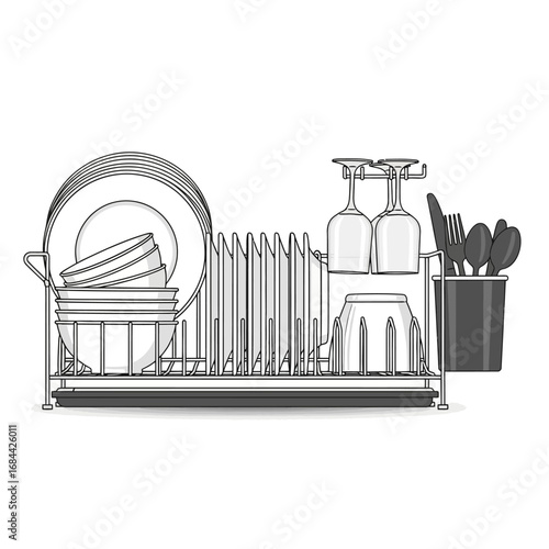 Monochrome dish rack illustration exhibiting clean kitchenware organization and minimalist aesthetic