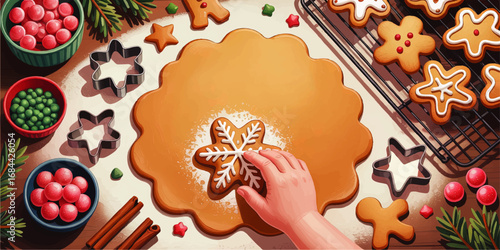 Festive Christmas Cookie Baking Scene with Icing Decorating, Ingredients, Cookie Cutters, and Holiday Sweets on Wooden Table
