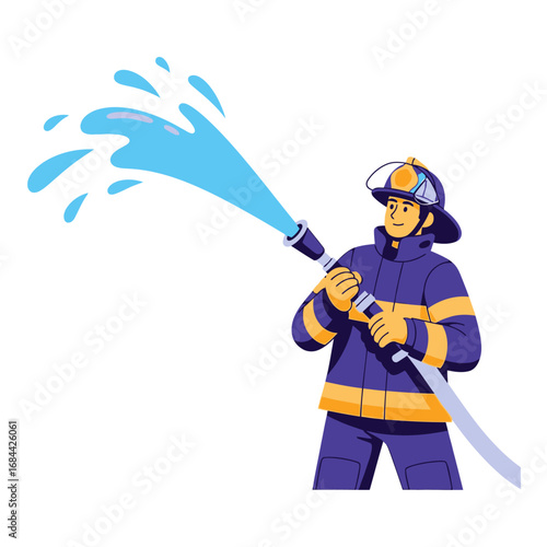 Brave firefighter courageously battling a blaze with a powerful water hose and equipment