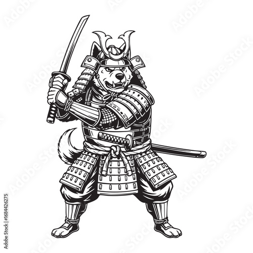 Vector art of a shiba inu samurai warrior in full armor wielding a katana, showcasing traditional japanese culture and martial arts