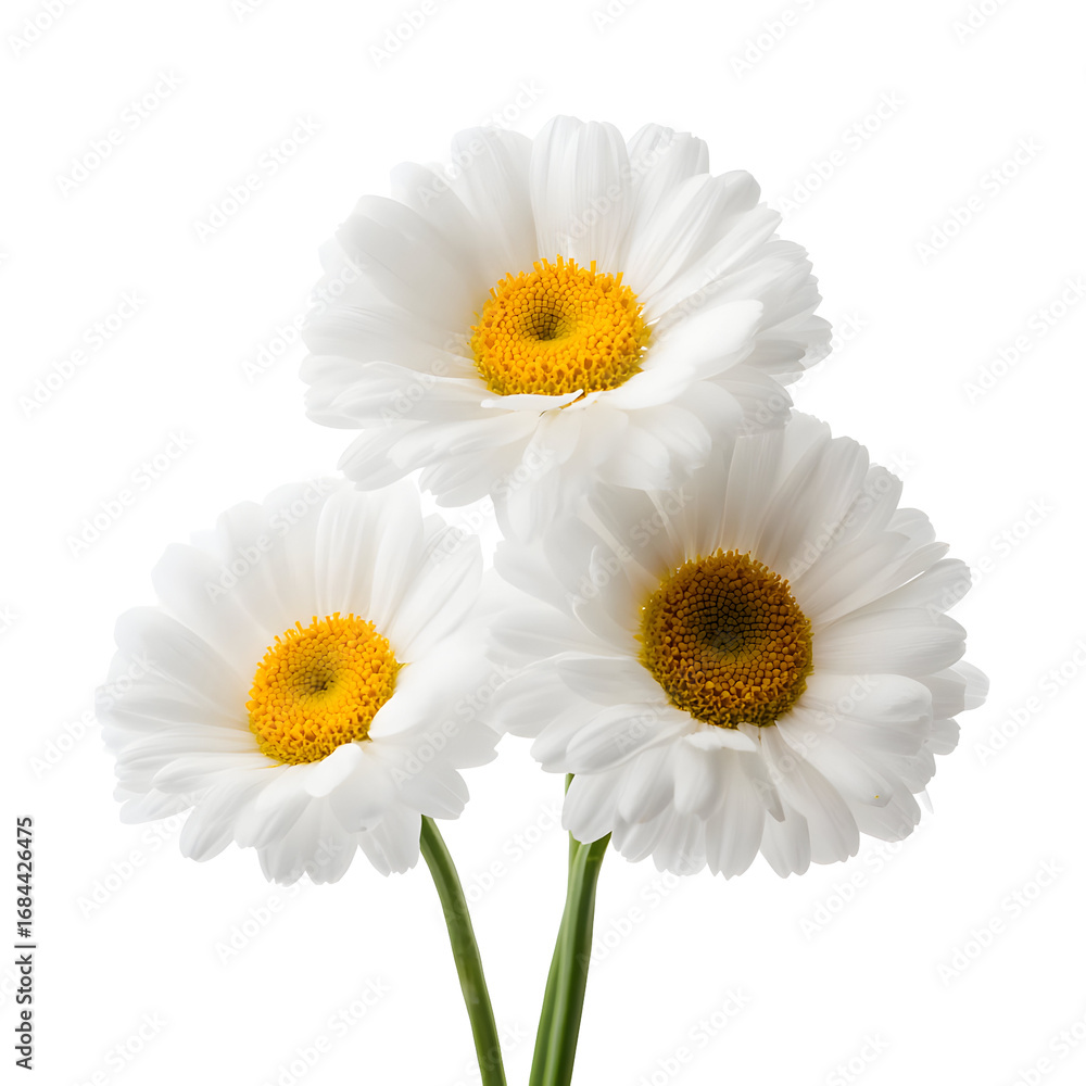 Fototapeta premium Elegant trio of white daisy flowers isolated against a striking black background