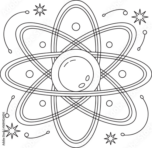 Scientific Atom Model with Orbits and Particles Vector Illustration, Atomic structure vector, Science orbit model, Physics atom design, Molecular energy symbol, Quantum particle illustration