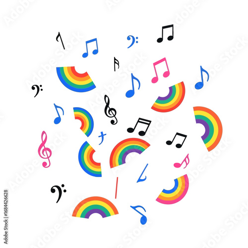 Vibrant musical notes and rainbow segments creating whimsical artistic expression full of joyful
