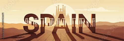 Spain Landscape Typography Illustration with Sagrada Familia Silhouette, Sunset Colors, and Modern Travel Poster Design