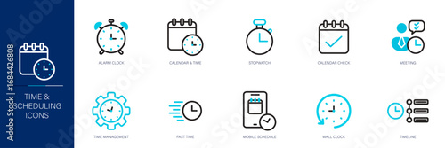 Time and Scheduling Blue Colored Outline Icon Set
