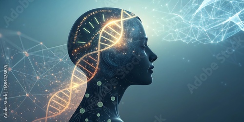 Human head profile with glowing dna helix inside, representing artificial intelligence and genetic science.