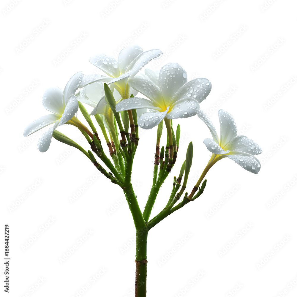 Fototapeta premium Elegant white plumeria blossoms against a stark black backdrop, artistic botanical study