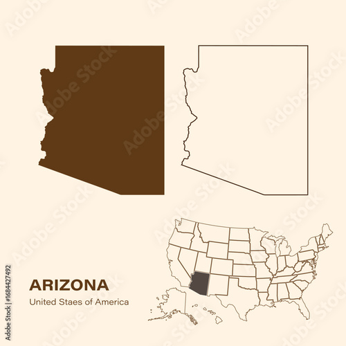 Arizona the state of USA, solid silhouette map of country area and outlined map, simple flat vector illustration for easy editing.