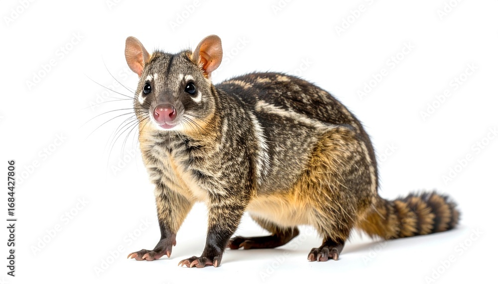 Obraz premium Asian palm civet standing alert with patterned fur against a white backdrop