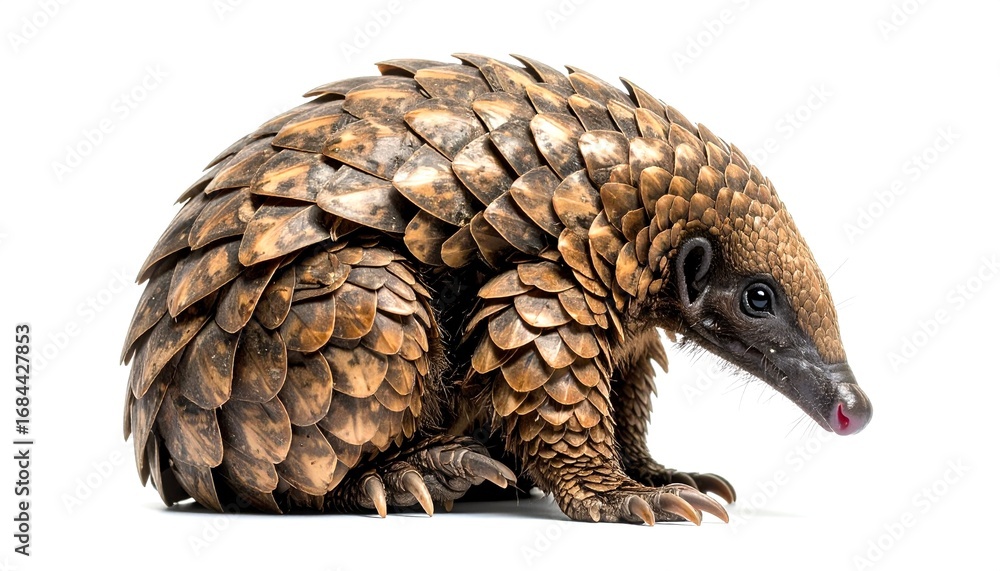 Naklejka premium Pangolin curled up on white background showing scales