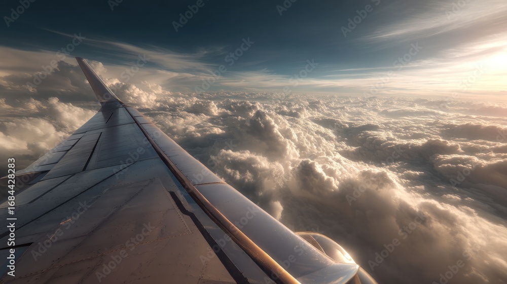 Obraz premium Plane wing clouds sunset