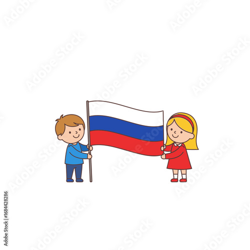 Illustrative children showcasing national pride by displaying the russian flag cheerfully together