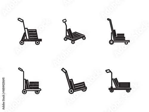Set of Hand Trucks for Material Handling and Logistics Isolated on White Background in Vector Format