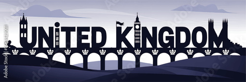 United Kingdom Skyline Illustration with Famous Landmarks, Iconic Monuments, Blue Silhouette, Modern Typography Art