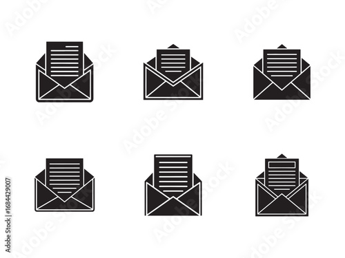Set of open mail icons with letter inside representing communication and digital messaging isolated on white background vector illustration