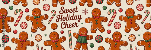 Festive Gingerbread Man Pattern with Candy Canes and Peppermints, Sweet Holiday Cheer, Christmas Seamless Background
