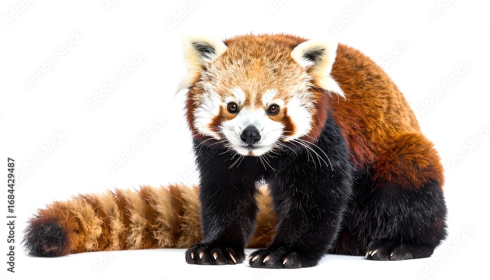 Fototapeta premium Red panda standing alert with fluffy tail on a white background