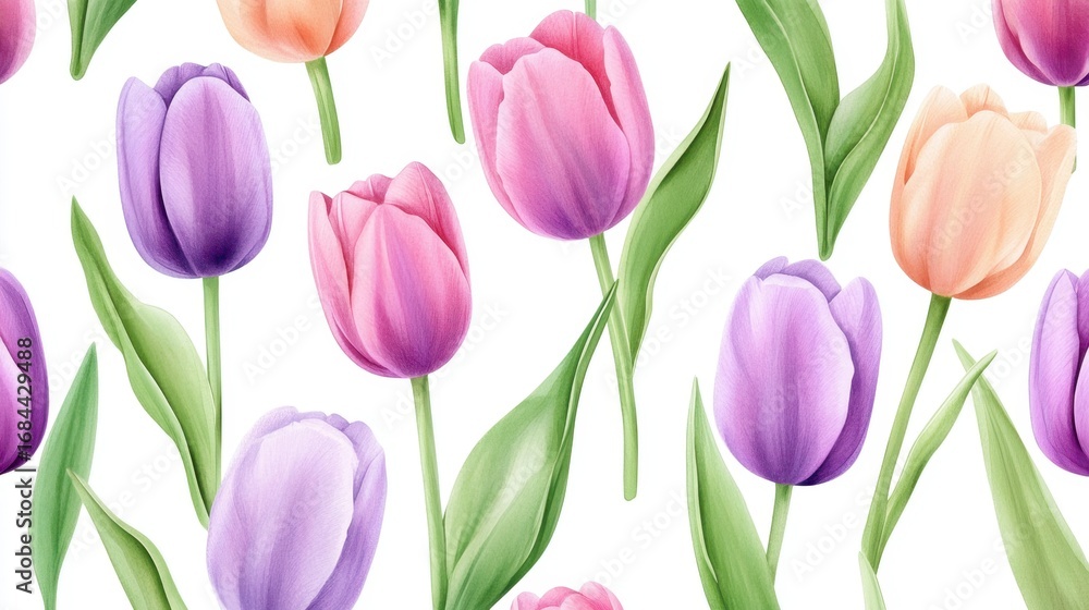 Obraz premium Spring bloom tulip pattern with pastel colors and seamless watercolor texture