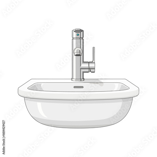 Modern bathroom fixture: White ceramic sink with sleek chrome faucet design illustration