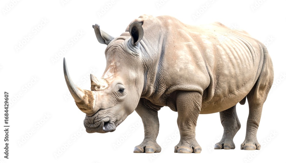 Fototapeta premium White rhinoceros standing calmly with large horn against a plain backdrop